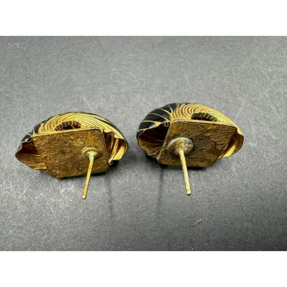 Vintage Gold Tone Textured Black Enamel Chunky Seashell Shrimp Stud Earrings